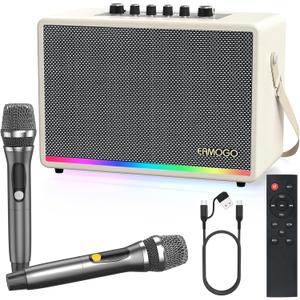 Portable Bluetooth Speaker with 2 Wireless Mics | 70W Peak Deep Bass Birchwood Cabinet | Bluetooth PA System for Outdoor Camping, Backyard| Dynamic LED Lights USB/AUX/OTG Rechargeable Battery (White)