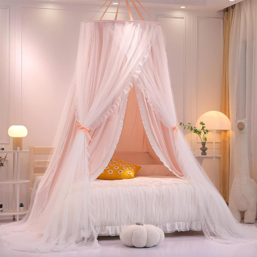 VETHIN Double Layer Princess Round Dome Canopy Bed Curtain for Girls Adults,Children Dreamy Mosquito Net,Cute Bedroom Decoration Castle Play Tent Reading Nook Canopies(Dome-Pink/White), Queen