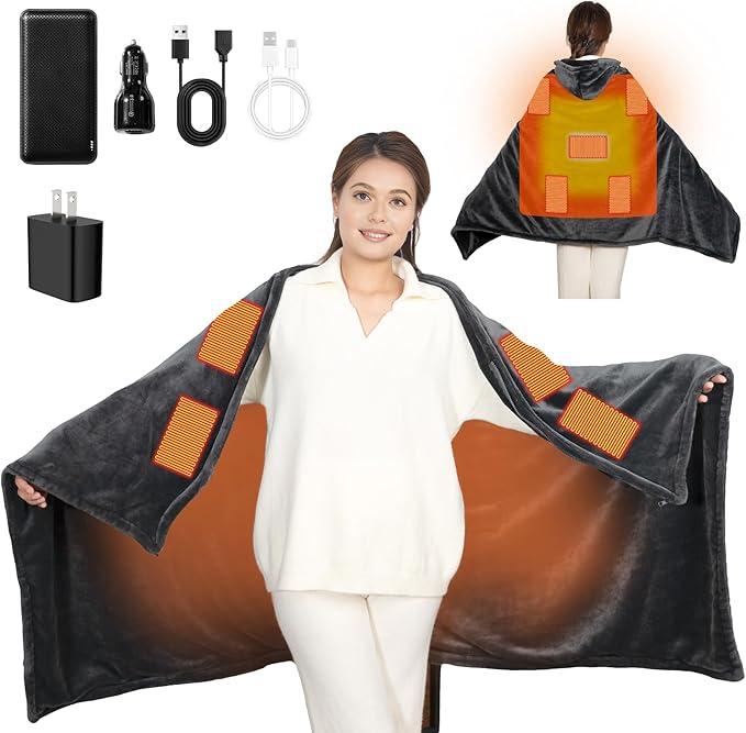 Cordless Heated Blanket with Hood, USB Battery Powered Heated Wearable Blanket with 9 Heating Zones, 20000 mAh Power Bank, 3 Levels, Portable Heated Throw Blanket, Heated Shawl size 4ft x 4inch