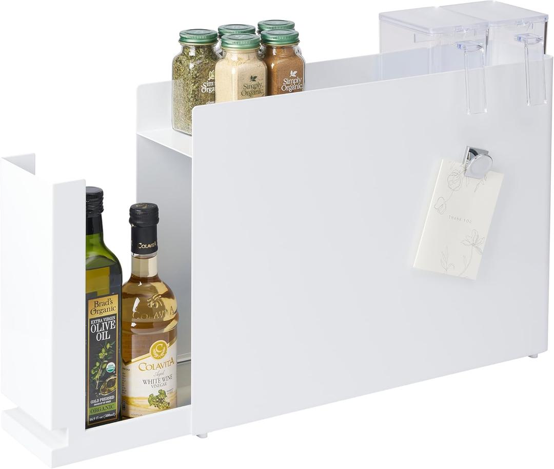 YAMAZAKI Home Sliding Drawer Seasoning Rack Pull Out Spice Rack for Countertop, Steel Kitchen Organizer with Magnetic Panels, Modern Spice Storage Drawer, White, Easy Access Design