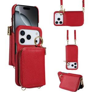 Wallet Case for iPhone 17 Pro Max 6.9 inch with Shoulder Strap Ring Buckle, Zipper Flip Organ Purse, Card Holder Stand Cell Phone Cover for i Phone17 17Pro i17 ProMax 17ProMax Women Men Black (Red)