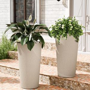 23.6" H Tall Planters for Outdoor Plants, 2 Pack Large Outdoor Planters for Front Porch Decor with Drainage Hole, Plastic Striped Flower Pots Fits Indoor Plants Patio Garden, Black, 13 W"*9.4 W"*23.6" H