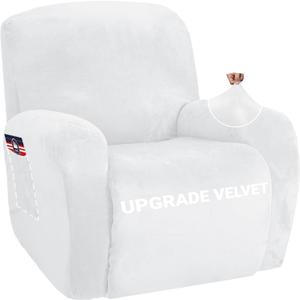 ZNSAYOTX Stretch Velvet Recliner Cover 4-Pieces, Thick Soft Recliner Chair Slipcover with Pocket, Non-Slip Elastic Bottom for Kids Pets, Luxury Plush Reclining Protector Comfy Washable (White)