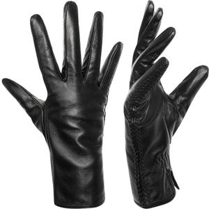 Womens Leather Gloves Wool Lined Warm Glove Touchscreen for Winter Driving Lambskin Dress Gloves Cashmere Lined (Black, M)