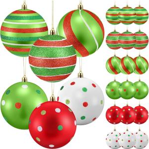 Wettarn 24 Pcs 4 Inch Large Christmas Ball Ornaments Red Green White Ball Ornaments Polka Dots Stripes Tree Decorations Shatterproof Peppermint Candy Cane Xmas Baubles for Tree Home Wreath Party Decor
