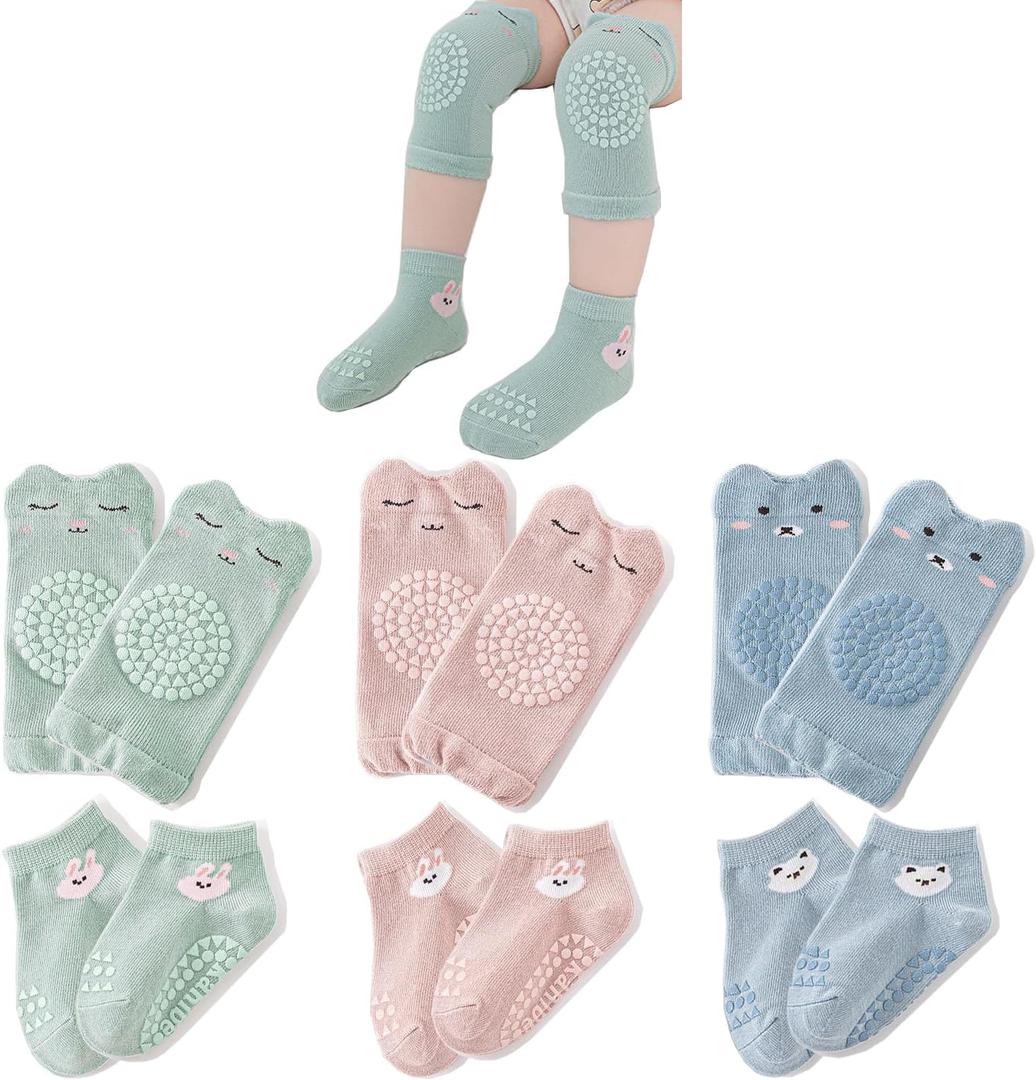 TFTSR Baby Knee Pads for Crawling (3 Pairs) and Baby Socks for Walking (3 Pairs), Walking Protector for Toddler Kid Girls Boy (normal)
