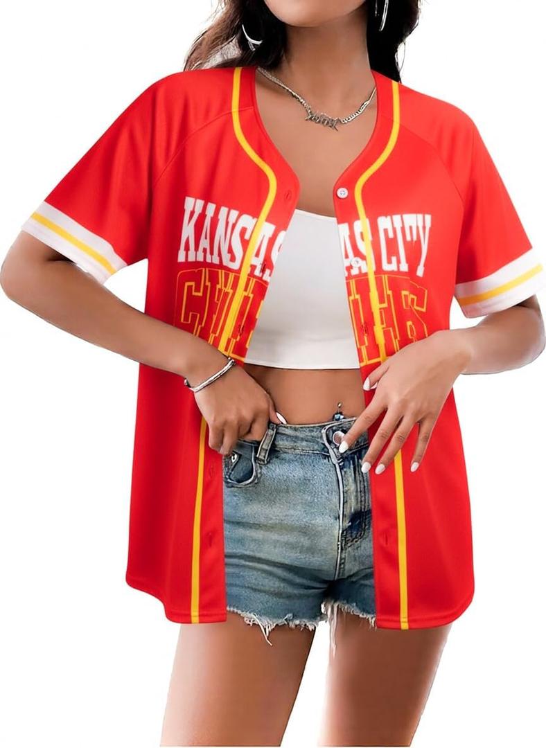 Game Day Shirts Football Jersey for Women Button Down Football Mom Shirt Short Sleeve Tops (Red, L)