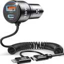110W Car Charger, PD3.0&QC3.0 USB C Car Charger Adapter Fast Charging, Built-in 5ft 45W Type C Coiled Cable and 30W C-Lightning Converter for iPhone, Samsung, Android, iPad