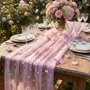 Hahafelt 4 Pack Elegant Pink Gauze Butterfly Table Runner with 3D Butterfly 27.5 x 115 Inches Tulle Table Runner for Weddings, Bridal Showers, Gender Reveals, Dining Room, and Birthday Parties