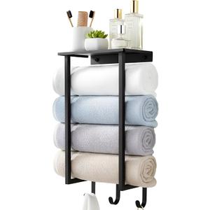 Towel Racks for Bathroom, Bathroom Towel Rack Wall Mounted with Metal Shelf and 3 Hooks for Small Bathroom, Black