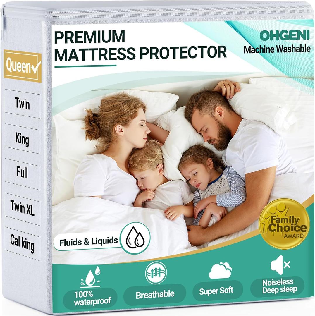 OhGeni 100% Waterproof Mattress Protector, Queen Size, Fitted Sheet with Deep Pockets, 6''-18'', Premium Noiseless Breathable Soft Material, Mattresses Cover for Bed (White)