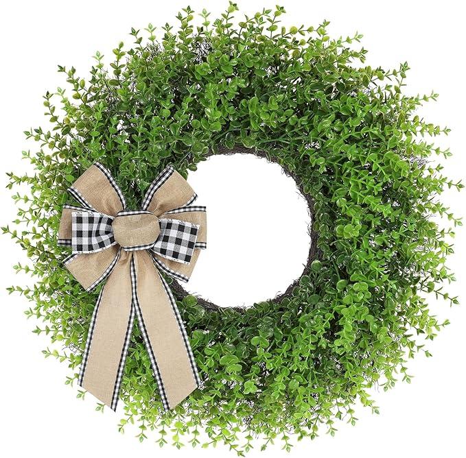 CYANBLOOM Boxwood Wreaths for Front Door: 24 Inch Large Green Wreath with Buffalo Plaid Bow - Weatherproof Year Round Hanging Outdoor Winter Spring - Christmas Holiday Decorations Gifts CYANBLOOM Boxwood Wreaths for Front Door: 24 Inch Large Green Wreath with Buffalo Plaid Bow - Weatherproof Year Round Hanging Outdoor Winter Spring - Christmas Holiday Decorations Gifts