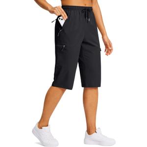 SANTINY 15" Long Shorts for Women Hiking Cargo Bermuda Shorts with 5 Zipper Pockets Lightweight Quick Dry Knee Length Capris (Black, L)