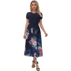 Women's Floral Dress for Women, Chiffon Beach Dress & Wedding Guest, Elegant Summer Dresses for Women (Navy, L)