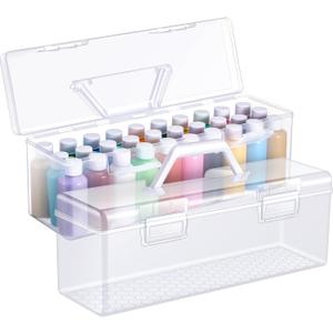 2 Pcs Paint Storage Box for 2 Fl. oz Acrylic Paints, Acrylic Portable Craft Art Organizer with Handle, 30 Bottles Capacity Plastic Art Supply Clear Boxes