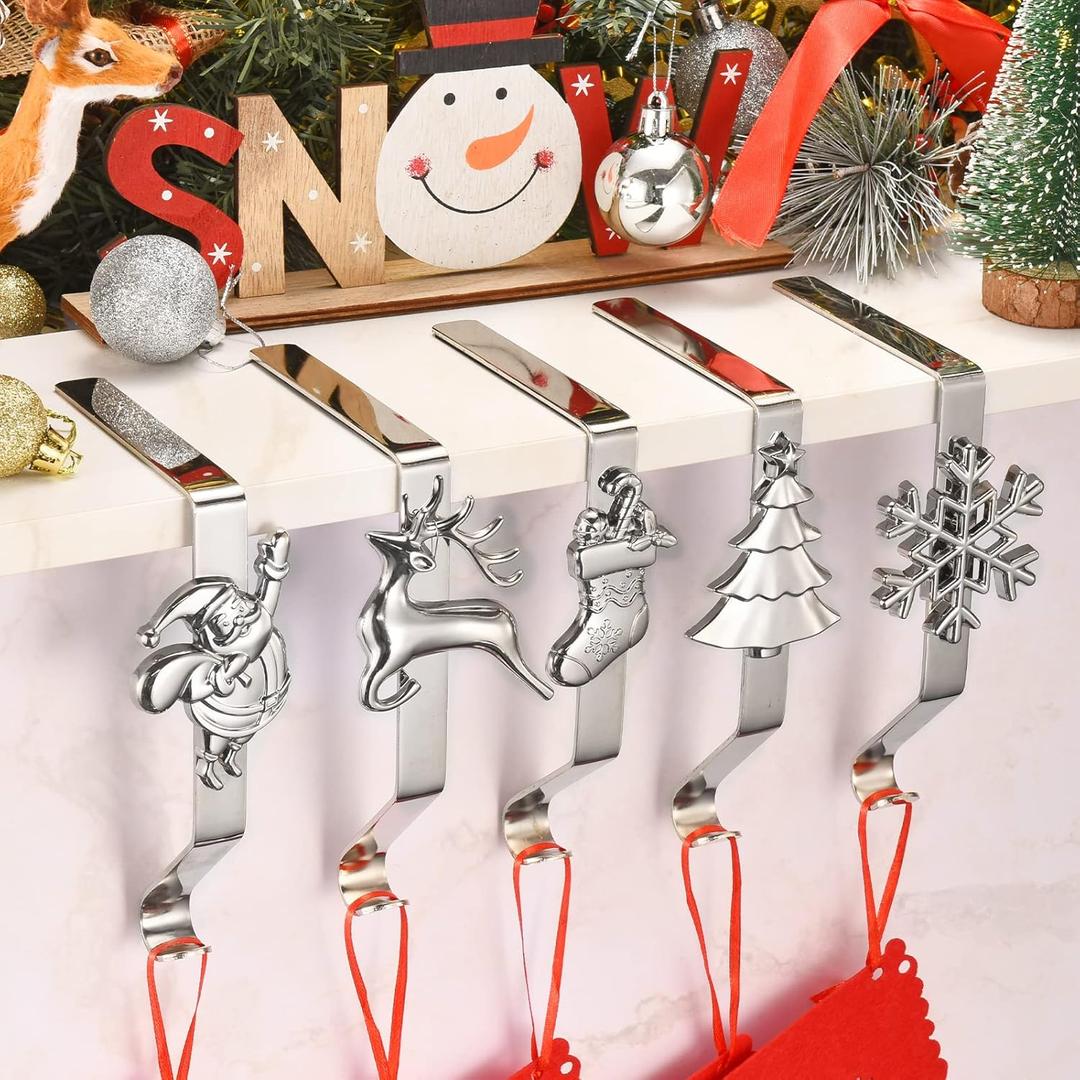 Christmas Stocking Holders for Mantle Set of 5, Weighted Stocking Hangers for Mantel Fireplace, Stocking Hooks for Xmas Decoration (Silver)