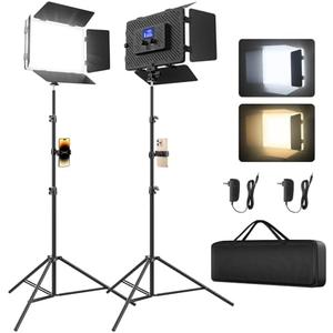 Unicucp 2 Pack Led Video Light Panel Light with Barndoor, 8000mAh Rechargeable Camera Light with 79'' Stand, Photo Studio Lighting kit for Video Recording Live Streaming Outdoor Indoor Photography