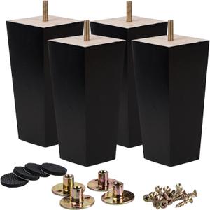 La Vane 8 inch Solid Wood Furniture Legs Set of 4  Square Pyramid Black Replacement Feet for Couch, Sofa, DIY Repair & Restoration with Pre-Drilled 5/16'' Bolt & Hardware, Mid-Century Modern Style