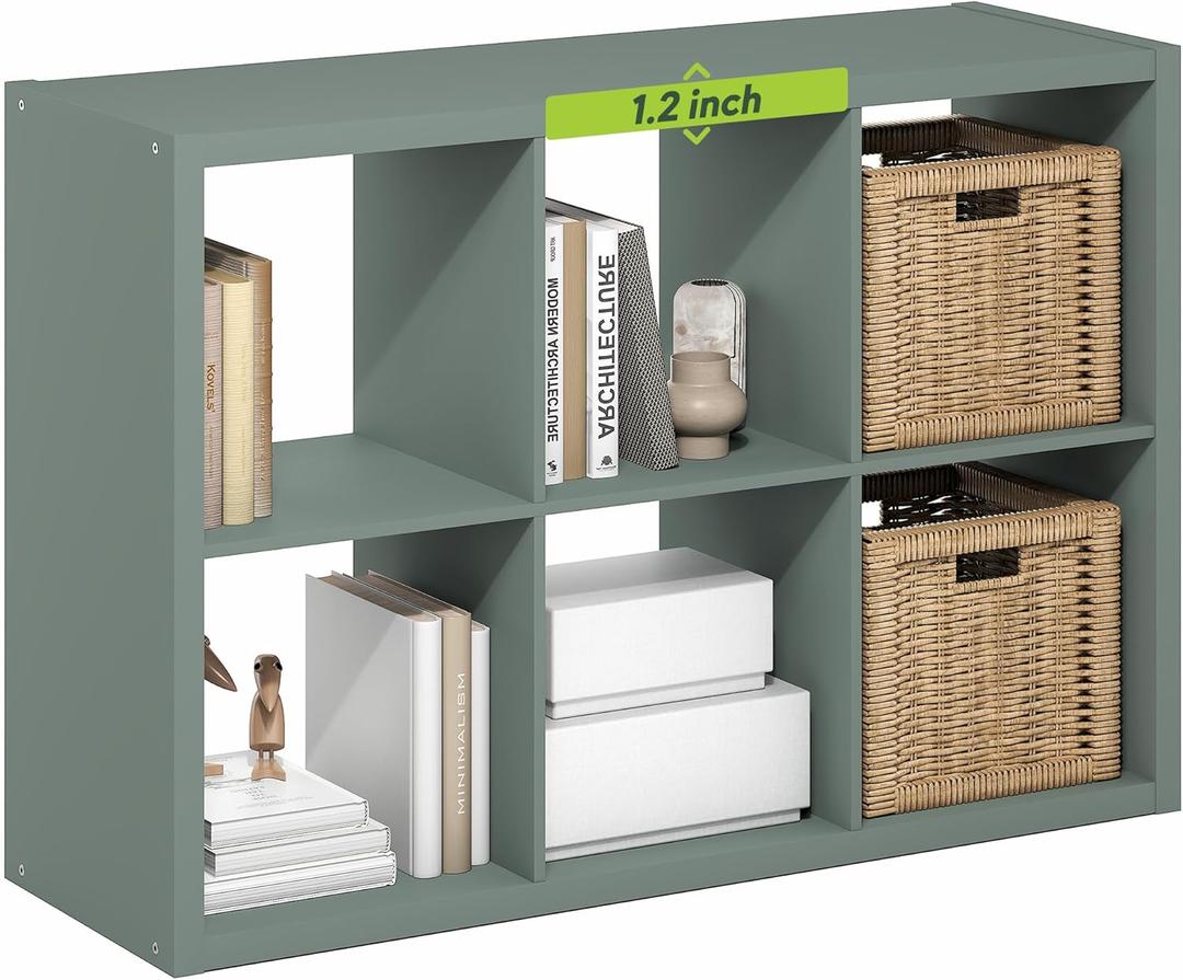 Furinno Cubicle Book Shelf, 6-Cube Bookshelf, Extra Thick Frame Horizontally & Vertically Reversible Bookcase with Open Back, 14.6" x 44" x 30", for Living Room, Bedroom, Home Office, Sage Green
