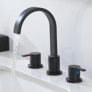 Black Bathroom Faucet 3 Hole, Widespread Bathroom Faucet Matte Black, 360 Swivel High-Arc Spout 2-Handles 8 Inch Faucets with Water Hoses and Pop-up Drain for Sink RV Bath Vanity Lavatory