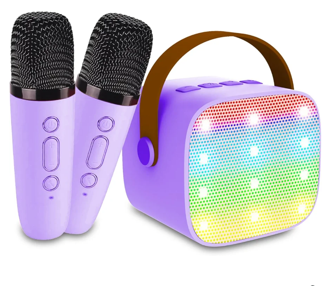 Portable Bluetooth Karaoke Speaker with 2 Wireless Microphones & LED Lights for Kids Birthday Parties