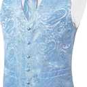 DiBanGu Mens Paisley Vest Tie Set with Lapel Pin Tie Clip 7PCS Silk V-Neck Suit Waistcoat and Necktie for Tuxedo Wedding (Blue, S)