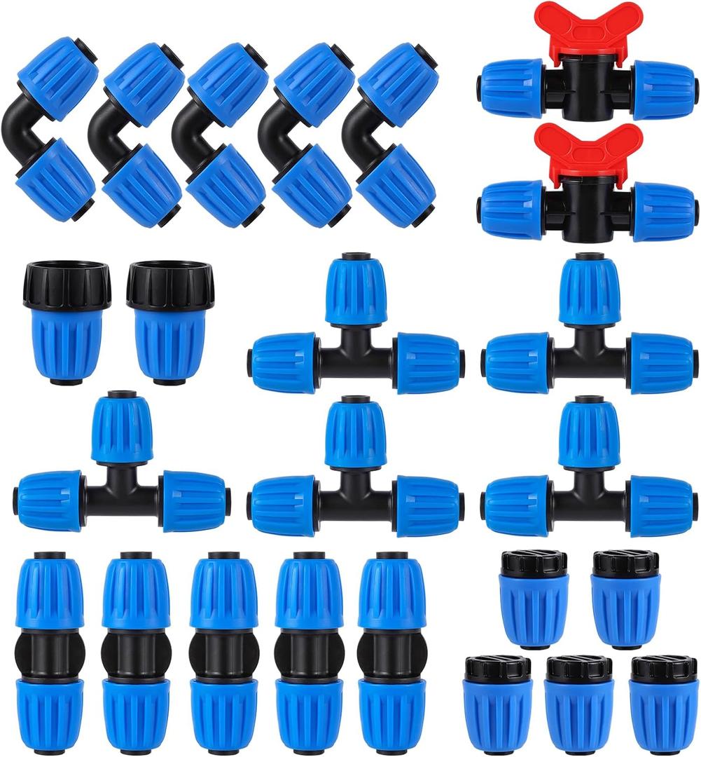 24 Pcs 1/2 Inch Drip Irrigation Fittings Kit,Drip Irrigation Hose Connector for 1/2 Inch Drip Tubing (1/2" ID x0.6-0.63" OD) with 5 Tees,5 Couplings,2 Switch Valves,5 End Cap,5 Elbows,2 Hose Adapter