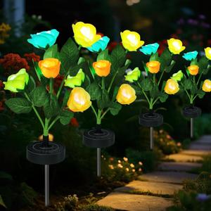 Upgraded Solar Garden Lights, 4 Pack Outdoor Solar Lights, New Round Panel for 40-Hour Runtime, Serve as Outdoor & Indoor Decor, 7-Color Changing Flower Lights, Waterproof for Patio Yard Decoration