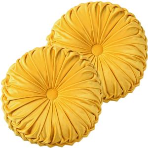 HIG Set of 2 Decorative Round Pleated Throw Pillows, Classy Accent Pumpkin Throw Pillows with Center Button, Vintage Velvet Floor Pillow for Sofa Couch Vanity Chair Bed, Yellow, 14.5" Diameter(RIPPLE)
