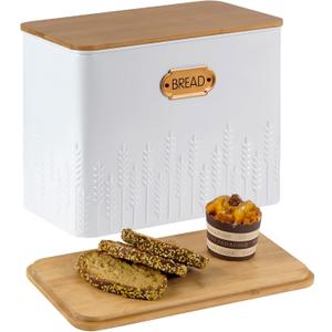 Extra Large Bread Box for Kitchen Countertop Corner Breadbox for Homemade Bread Metal White Ear of Wheat Pattern Embossed Storage Container Bin with Bamboo Lid Fits 2 Loaves of Bread