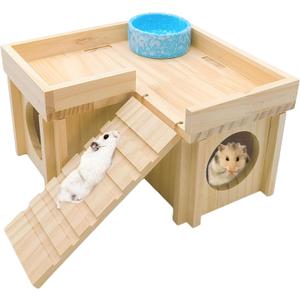 Wooden Hamster Hideout Hamster Wood House with Ladder Hides Platform Decor Detachable Small Animals Cage Accessories for Rat Gerbils and Other Small Pets
