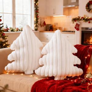 Lanpn Christmas Tree Pillows Set of 2, Christmas Decoration Wide Stripes Winter Throw Pillows Soft Cute 3D Shaped Xmas Tree Throw Cushion for Sofa Bedroom Xmas Decor (18x16 inch, Off White)
