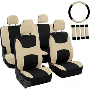 Automotive Seat Covers Beige Black Universal Fit Seat Cover Combo Set with Steering Wheel Cover and Seat Belt Pad (Airbag Compatible and Split Bench)