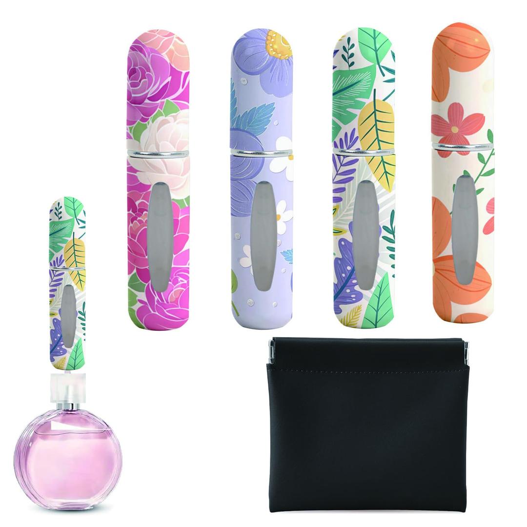 Syyflibb Perfume Travel Refillable Bottle– Portable Mini Sprayer,Empty Perfume Bottles with Unique Patterns,Refill Pump Case for Traveling and Outgoing,4 Pcs of 5 ml and Outgoing Bag(Floral Series)