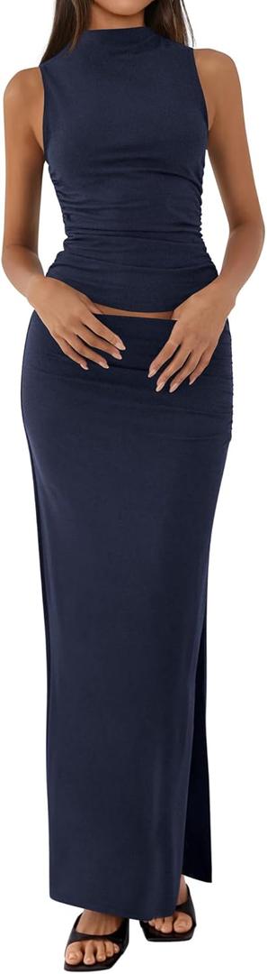 BTFBM Summer Two Piece Skirt Set for Women 2025 Dressy Lightweight Sleeveless Knit Top Going Out Split Maxi Skirt Set (Medium, Navy)