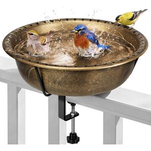 VIVOHOME Deck Mounted Bird Bath for Outside, Weather-Resistant ABS Bird Bath and Feeder with Adjustable Metal Clamp for Railing, Fence, Balcony, 1.45 Gallons, Copper