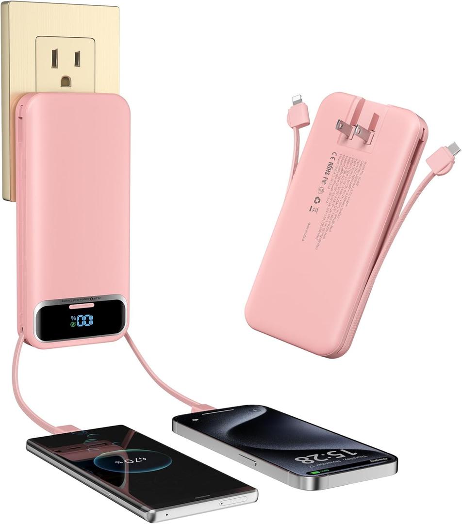 Portable-Charger Power-Bank with Built-in Cables & AC Wall Plug - 12000mAh PD 20W Fast Charging for iPhone,Samsung,Android, USB-C,Rechargeable External Battery Pack for Cell Phone,Type C,Travel Pink