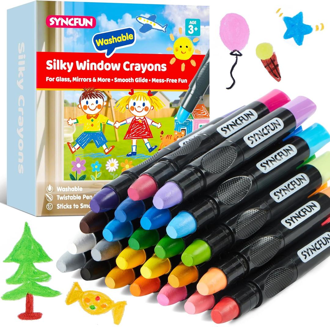 SYNCFUN 24 Pcs Twistable Silky Window Crayons, Washable Crayons, Glass and Paper, Easy to Hold & Quick-Drying Art Supplies, Non-Toxic, Mess Free, Birthday Valentine Easter Gifts for Kids Ages 3+
