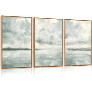 CHDITB Serene Lake And Sky Framed Canvas Wall Art Set Of 3, Minimalist Wall Decor, Modern Cloudscape Painting, Neutral Abstract Nature Blue Art Prints For Zen Yoga Bedroom Decor (12X16Inch)