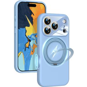 Silicone 360 Spin Magnetic Stand Case for iPhone 17 Pro, [Compatible with Mag-Safe][Reinforced Hard Camera Protection] Liquid Silicone Rubber Phone Case Cover with Ring, Camera Button, Sky Blue