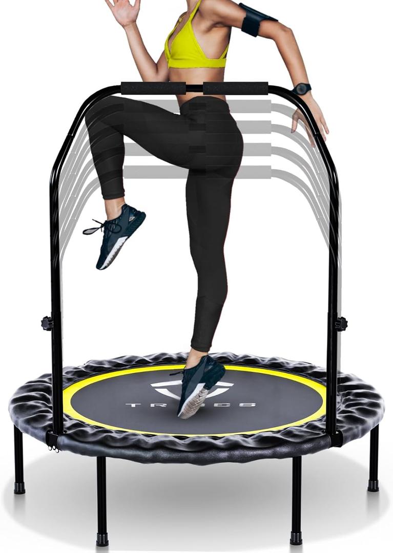 Tribes Foldable Mini Trampoline for Adults and Kids, Rebounder with Adjustable Bar and Nonslip Feet, 330lbs Max Capacity, Indoor Outdoor Fitness Equipment