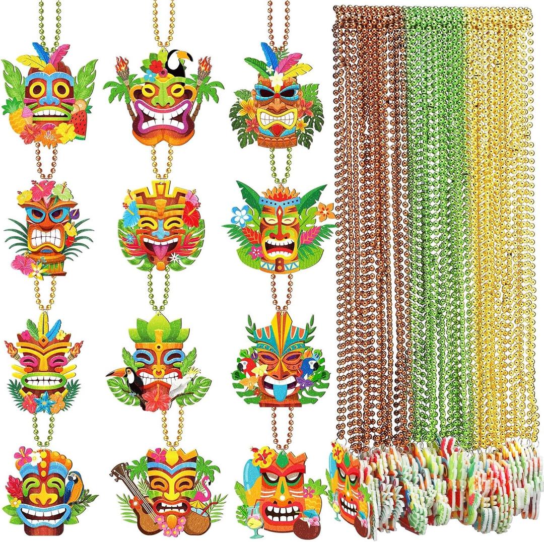 Ecally 36 Pcs Hawaiian Luau Party Favors Tiki Beaded Necklaces with Felt Pendants Aloha Luau Necklaces for Summer Tropical Beach Cosplay Dress up Decor Party Supplies, 12 Style