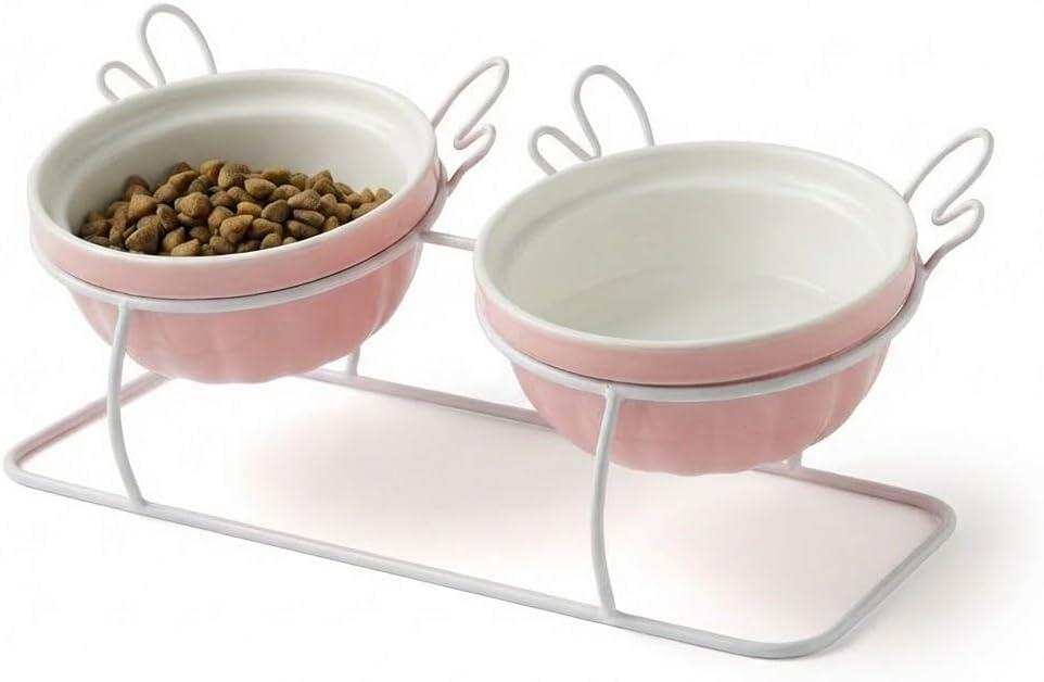 Elevated Tilted Cat Bowls with Metal Stand, Raised Ceramic Food and Water Bowls, Double Removable Dishes with Cute Wing Design, 15 Tilted Anti-Vomiting Pet Feeder, Non-Slip for Indoor Cats (Pink)