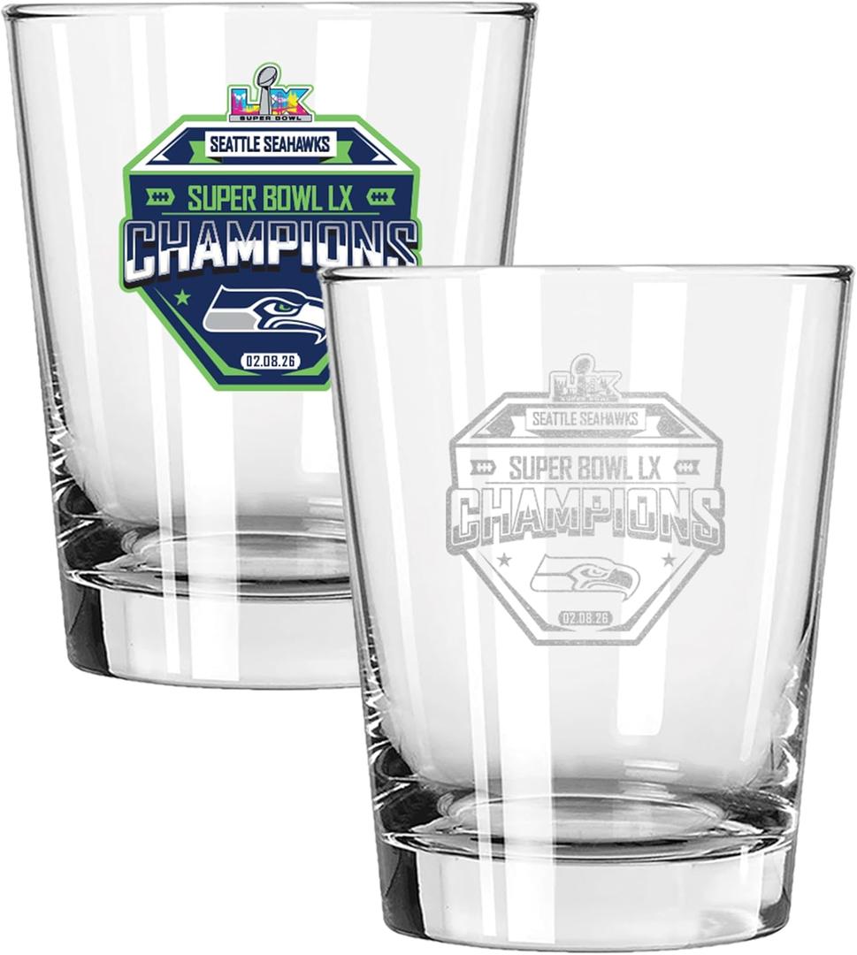 The Memory Company Officially Licensed NFL Seattle Seahawks 2026 Super Bowl LX Champions 2-Pack 15oz Double Old Fashioned Glass Set, Etched