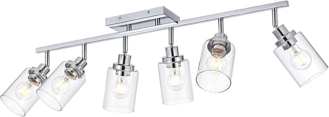 6-Light Track Lighting Kit Ceiling Kitchen Track Lighting Fixtures Chrome Bathroom Vanity Wall Lights with Clear Glass Multi-Directional Rotating Tracking Light Heads Spotlight for Accent Shop