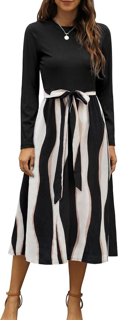 Zattcas Women 2026 Summer Dress Short Sleeve Ribbed Teacher Church Modest Business Casual Work Outfits Midi Dress (Long Sleeve--blackstripe, L)