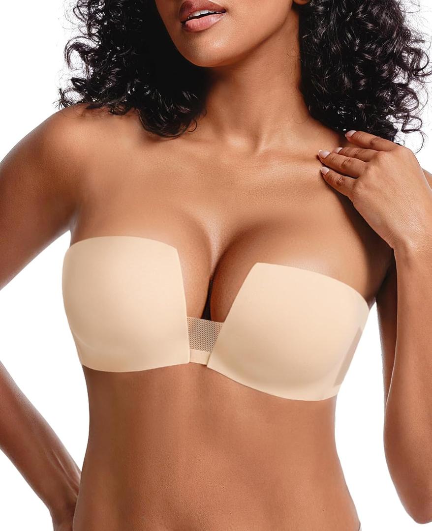 Upushall Women's Strapless Bra Push Up Padded Non Slip Underwire Plunge Bras Seamless Nude,36D (Beige)