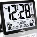 Atomic Digital Wall Clock Battery Operated with Backlight, Desk Clocks with Indoor Temperature & Humidity, 8.5" Small Alarm Clock with Date and Day of Week for Bedrooms, Living Room, Auto DST, Black