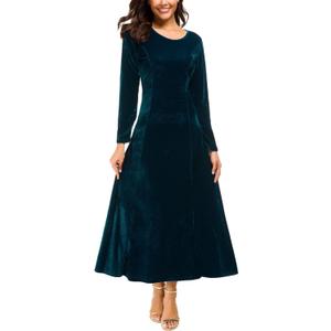 Urban CoCo Women's Elegant Long Sleeve Ruched Velvet Stretchy Long Dress (Large)