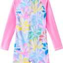 UMELOK Girls Long Sleeve Rash Guard One Piece Swimsuits with UV Protection Sunsuit (9-10 Years, Colorful Leaves)